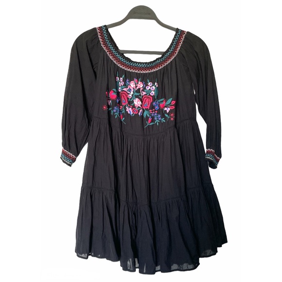 Free People Boho Sunbeam Black Rainbow Floral Embroidery Mini Dress Small - Picture 3 of 6